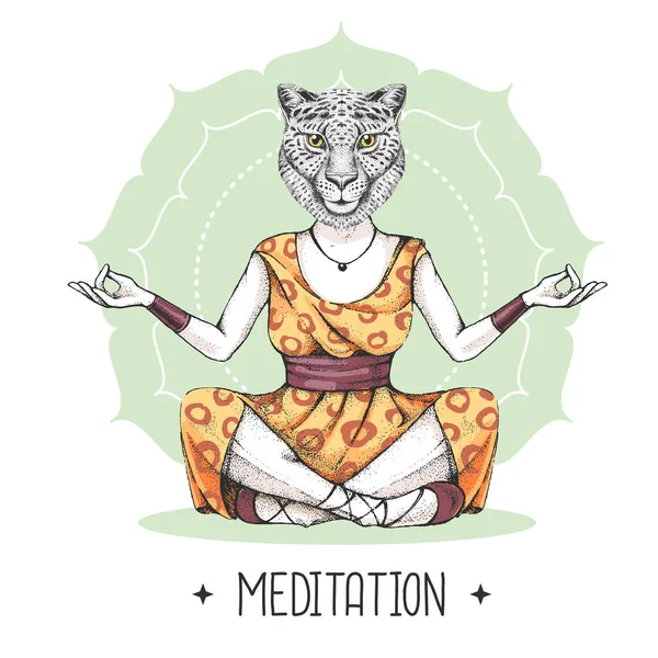 Hand Drawing Hipster Animal Cheetah Meditating Lotus Position Mandala Background — Stock Vector