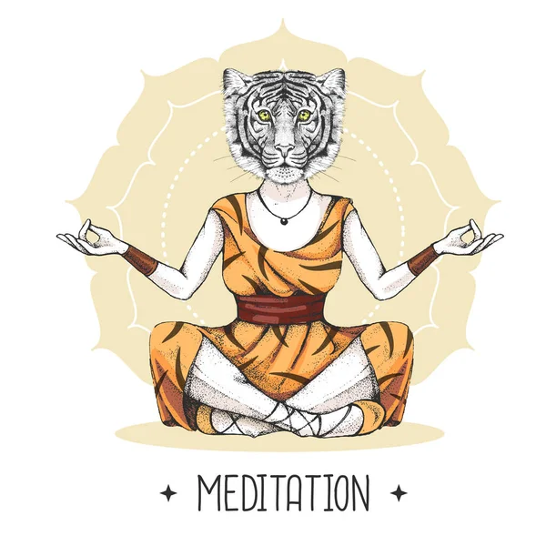 Hand Drawing Hipster Animal Tiger Meditating Lotus Position Mandala Background — Stock Vector