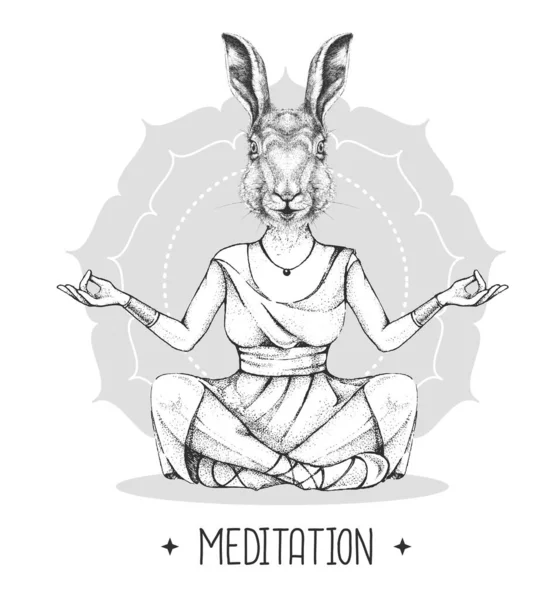 Handtekening Hipster Dier Konijn Mediteren Lotus Positie Mandala Achtergrond Vectorillustratie — Stockvector