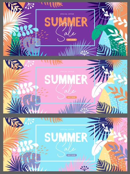 Sada Pestrobarevných Letních Velkých Prodejních Tropických Bannerů Tropickými Listy Kolekce — Stockový vektor