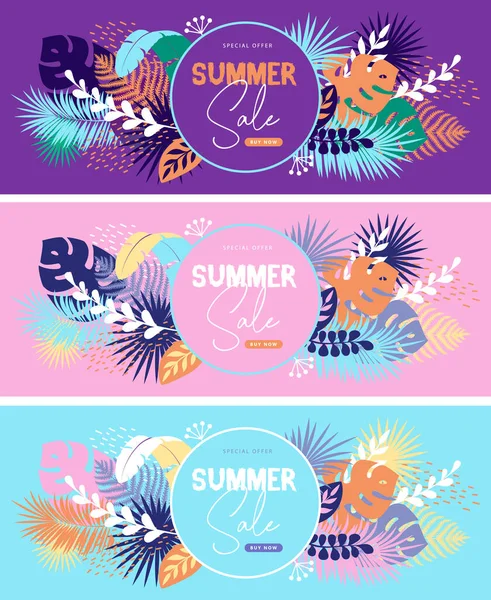 Set Von Bunten Sommer Großen Verkauf Tropischen Banner Mit Tropischen — Stockvektor