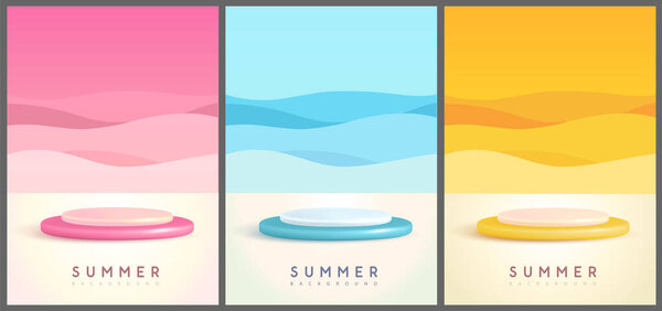 Set of colorful summer backgrounds with plastic stage and abstract wave landscape. Colorful minimal scene. Vector illustration