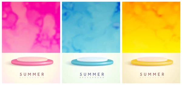 プラスチックステージと抽象的なスモーキー背景を持つカラフルな夏のポスターのセット カラフルな最小限のシーン ベクターイラスト — ストックベクタ