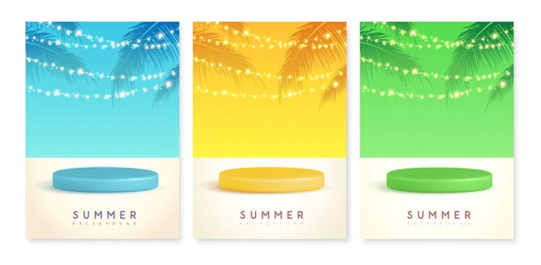 一套五彩缤纷的夏季背景 一串串的灯光和棕榈叶 多彩的最小场景 矢量说明 — 图库矢量图片