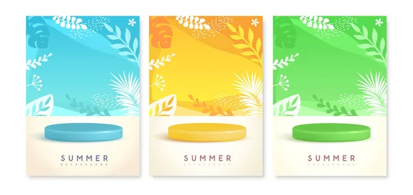 Set Colorful Summer Backgrounds Stage Tropic Leaves Colorful Minimal Scene — Stock Vector