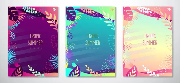 Set Colorati Banner Estivi Gradienti Con Foglie Tropicali Fluorescenti Collezione — Vettoriale Stock