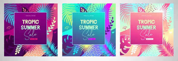 Set Von Bunten Sommer Großen Verkauf Tropischen Gradienten Banner Mit — Stockvektor