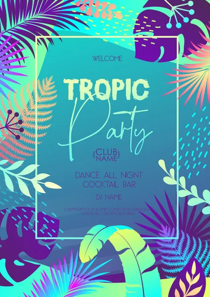 Πολύχρωμο Καλοκαιρινό Disco Party Poster Φθορίζοντα Τροπικά Φύλλα Καλοκαιρινό Φόντο — Διανυσματικό Αρχείο