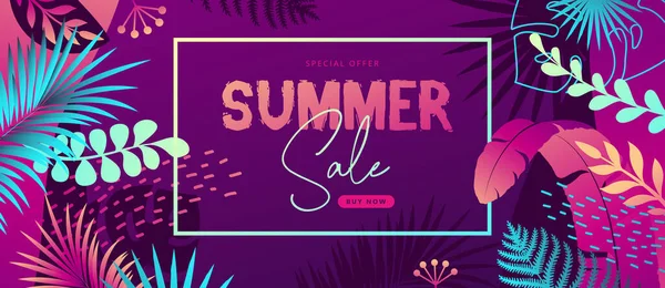 Bunte Sommer Großen Verkauf Tropischen Gradienten Poster Mit Fluoreszierenden Tropischen — Stockvektor