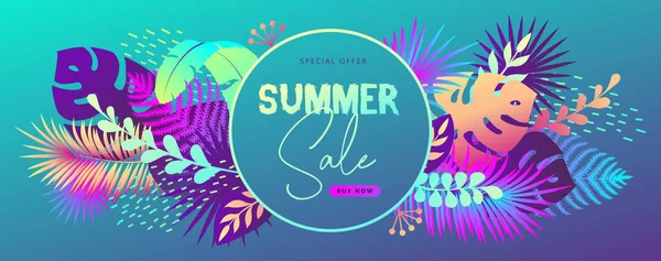 Barevný Letní Velký Prodej Tropický Gradient Plakát Fluorescenční Tropické Listy — Stockový vektor