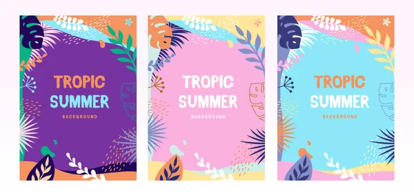 Set Colorati Striscioni Estivi Con Foglie Tropicali Collezione Modelli Summertime — Vettoriale Stock