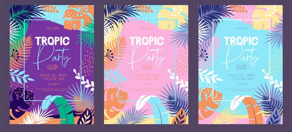 Σύνολο Πολύχρωμο Καλοκαιρινό Disco Party Αφίσα Τροπικά Φύλλα Καλοκαιρινό Φόντο — Διανυσματικό Αρχείο