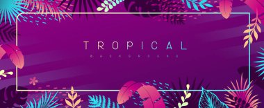 Floresan tropik yaprakları olan renkli yaz arkaplanı. Yaz şablonu. Vektör illüstrasyonu