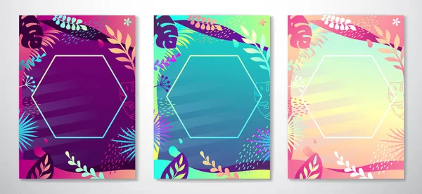 Conjunto Banners Coloridos Verão Gradiente Com Folhas Tropicais Fluorescentes Coleção — Vetor de Stock