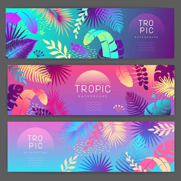 Renkli Rengarenk Tropik Yapraklı Yazlık Pankartlar Yaz Dönemi Şablon Koleksiyonu — Stok Vektör