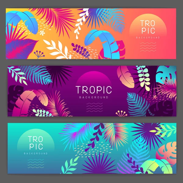 Conjunto Banners Coloridos Verão Gradiente Com Folhas Tropicais Fluorescentes Coleção — Vetor de Stock