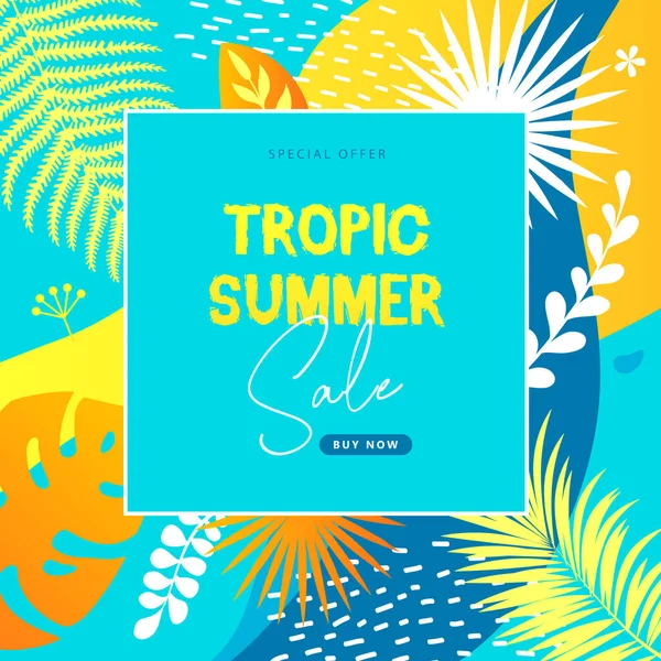 Färgglada Sommar Stor Försäljning Tropisk Banner Med Tropiska Blad Sommartid — Stock vektor