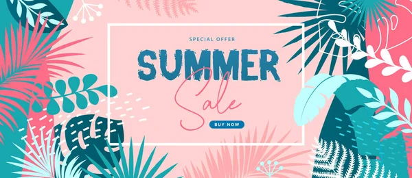 Sommar Stor Försäljning Tropisk Affisch Med Tropiska Blad Sommartid Bakgrund — Stock vektor
