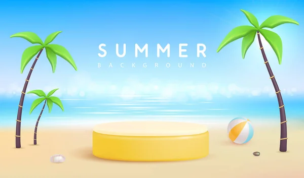 3Dステージとヤシの木と夏のビーチの背景 カラフルな夏のシーン ベクターイラスト — ストックベクタ
