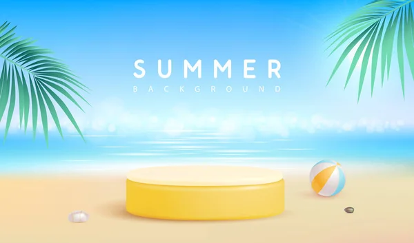 3Dステージとヤシの木と夏のビーチの背景 カラフルな夏のシーン ベクターイラスト — ストックベクタ