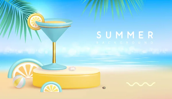 3Dステージとカクテルブルーラグーンと夏のビーチの背景 カラフルな夏のシーン ベクターイラスト — ストックベクタ