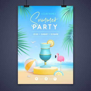 3D sahnesi ve mavi lagünü olan yaz disko partisi posteri. Renkli yaz plajı sahnesi. Vektör illüstrasyonu
