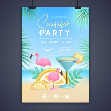 3D mavi lagün kokteyli ve flamingolu yaz disko partisi posteri. Renkli yaz plajı sahnesi. Vektör illüstrasyonu