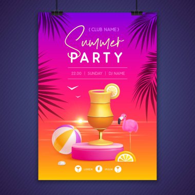 3D sahnesi ve tekila kokteyli olan bir disko partisi posteri. Renkli yaz plajı sahnesi. Vektör illüstrasyonu