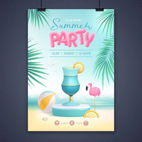 夏季迪斯科派对海报与3D舞台和鸡尾酒蓝色泻湖 五彩缤纷的夏季海滩场景 矢量说明 — 图库矢量图片