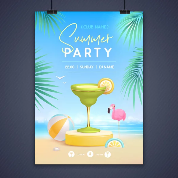 夏季迪斯科派对海报与3D舞台和玛格丽塔鸡尾酒 五彩缤纷的夏季海滩场景 矢量说明 — 图库矢量图片