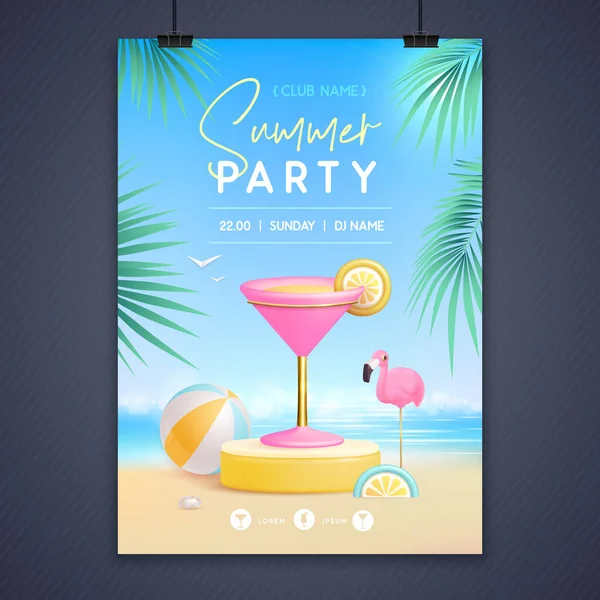 Summer Disco Party Poster Stage Cosmopolitan Cocktail Colorful Summer Beach — Stock Vector
