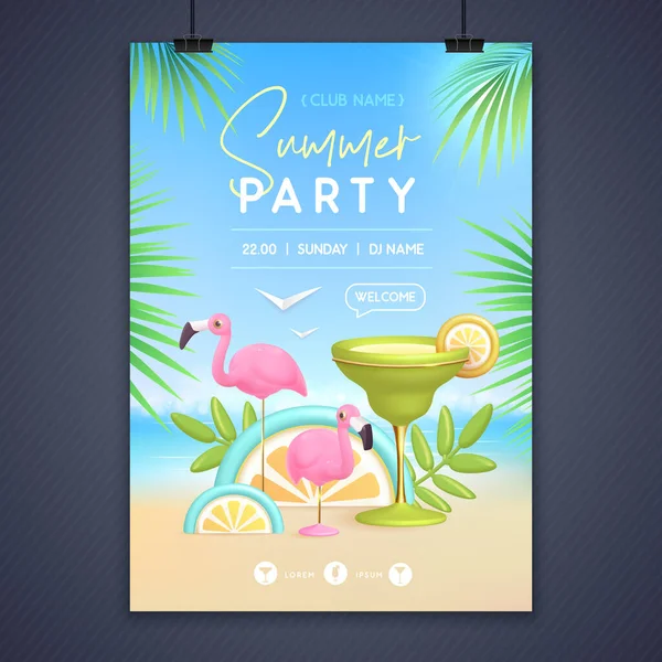 夏季迪斯科派对海报与3D玛格丽特鸡尾酒和火烈鸟 五彩缤纷的夏季海滩场景 矢量说明 — 图库矢量图片