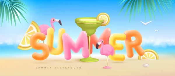 3D文字とマルガリータカクテルと夏のビーチの背景 カラフルな夏のシーン ベクターイラスト — ストックベクタ