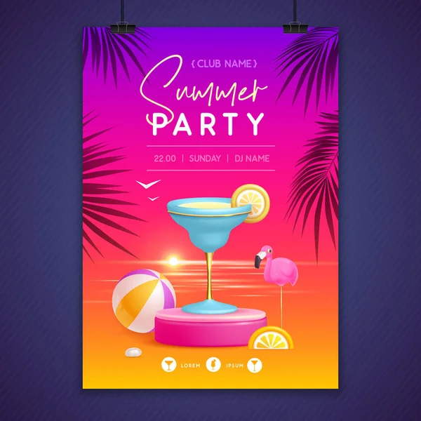 Letní Plakát Diskotéce Pódiem Modrým Lagunovým Koktejlem Barevná Letní Plážová — Stockový vektor