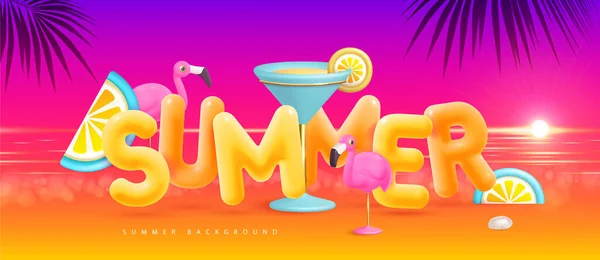 3D文字 フラミンゴとカクテルブルーラグーンと夏のビーチの背景 カラフルな夏のシーン ベクターイラスト — ストックベクタ