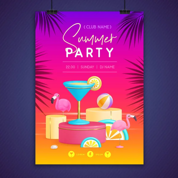 3Dステージとブルーラグーンカクテルと夏のディスコパーティーポスター カラフルな夏のビーチシーン ベクターイラスト — ストックベクタ