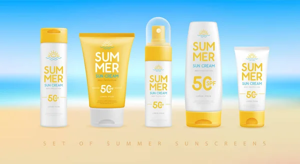 Summer Beach Blurred Background Set Sunscreen Creams Colorful Summer Scene — Stock Vector