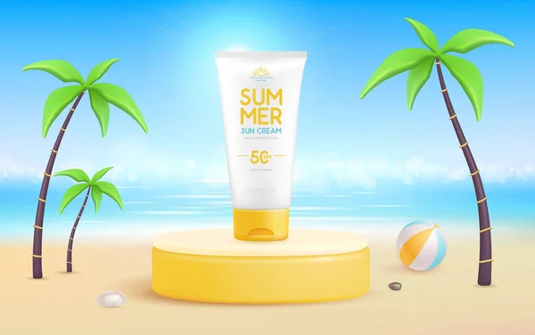 3Dステージと日焼け止めクリームと夏のビーチの背景 カラフルな夏のシーン ベクターイラスト — ストックベクタ