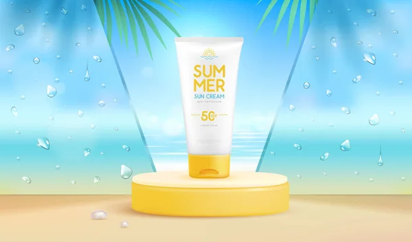 3Dステージと日焼け止めクリームと夏のビーチの背景 カラフルな夏のシーン ベクターイラスト — ストックベクタ