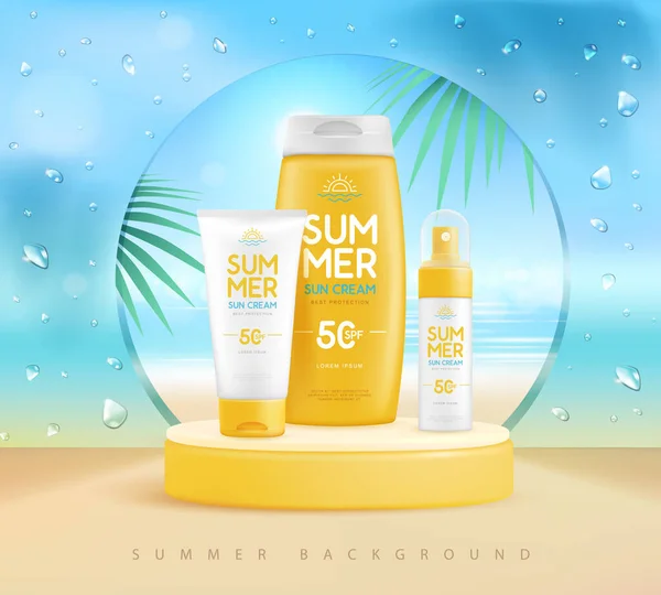 3Dステージと日焼け止めクリームのセットで夏のビーチの背景 カラフルな夏のシーン ベクターイラスト — ストックベクタ