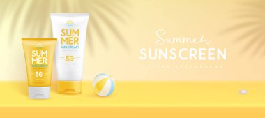 Üç boyutlu güneş kremleri ve palmiye yaprağı gölgesiyle yaz arkaplanı. Renkli bir yaz sahnesi. Vektör illüstrasyonu