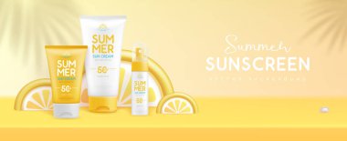 Yaz arkaplanı, 3 boyutlu güneş kremi ve limon ya da portakal dilimleri. Renkli bir yaz sahnesi. Vektör illüstrasyonu