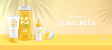 Üç boyutlu güneş kremleri ve palmiye yaprağı gölgesiyle yaz arkaplanı. Renkli bir yaz sahnesi. Vektör illüstrasyonu