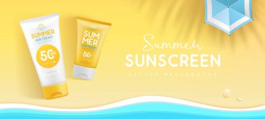 3 boyutlu güneş kremi tüpleri ve plaj şemsiyesiyle en iyi manzara yaz arkaplanı. Renkli bir yaz sahnesi. Vektör illüstrasyonu