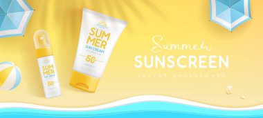 3 boyutlu güneş kremi tüpleri ve plaj şemsiyesiyle en iyi manzara yaz arkaplanı. Renkli bir yaz sahnesi. Vektör illüstrasyonu