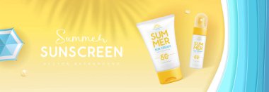 3 boyutlu güneş kremi tüpleri ve plaj şemsiyesiyle en iyi manzara yaz arkaplanı. Renkli bir yaz sahnesi. Vektör illüstrasyonu