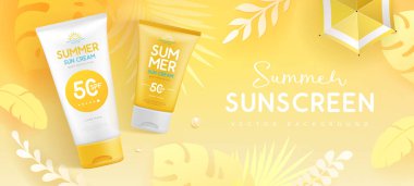 3 boyutlu güneş kremi tüpleri, tropik yapraklar ve plaj şemsiyesiyle en iyi manzara arka planı. Renkli bir yaz sahnesi. Vektör illüstrasyonu