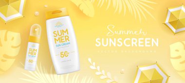 3 boyutlu güneş kremi tüpleri, tropik yapraklar ve plaj şemsiyesiyle en iyi manzara arka planı. Renkli bir yaz sahnesi. Vektör illüstrasyonu