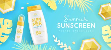 3 boyutlu güneş kremi tüpleri, tropik yapraklar ve plaj şemsiyesiyle en iyi manzara arka planı. Renkli bir yaz sahnesi. Vektör illüstrasyonu