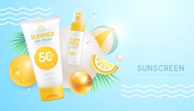 3 boyutlu küreler ve güneş kremi tüpleriyle yaz arkaplanı. Renkli bir yaz sahnesi. Vektör illüstrasyonu